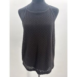 Gap Black Crochet Halter Top Womens Large Open Knit Pointelle Tie Back High Neck